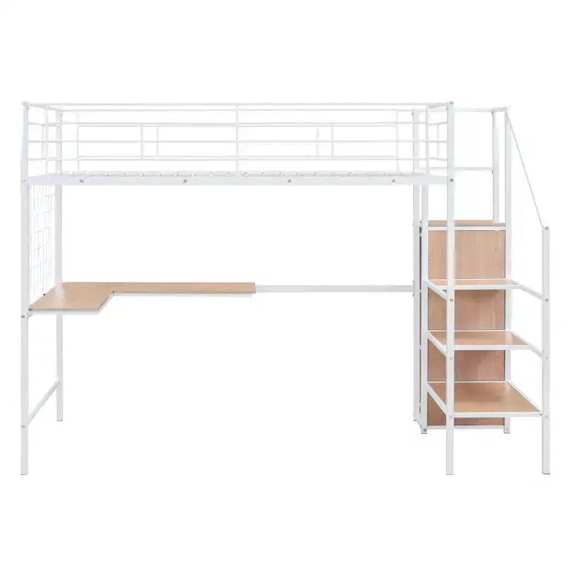 Letto a soppalco in metallo con scrivania e rete metallica, elegante letto con struttura in metallo con scaletta laterale portaoggetti e armadio