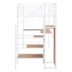 Letto a soppalco in metallo con scrivania e rete metallica, elegante letto con struttura in metallo con scaletta laterale portaoggetti e armadio