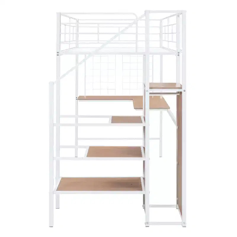 Letto a soppalco in metallo con scrivania e rete metallica, elegante letto con struttura in metallo con scaletta laterale portaoggetti e armadio