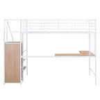 Letto a soppalco in metallo con scrivania e rete metallica, elegante letto con struttura in metallo con scaletta laterale portaoggetti e armadio