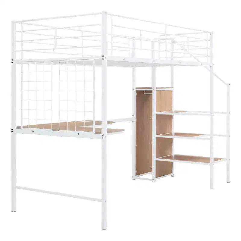 Letto a soppalco in metallo con scrivania e rete metallica, elegante letto con struttura in metallo con scaletta laterale portaoggetti e armadio