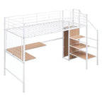 Letto a soppalco in metallo con scrivania e rete metallica, elegante letto con struttura in metallo con scaletta laterale portaoggetti e armadio