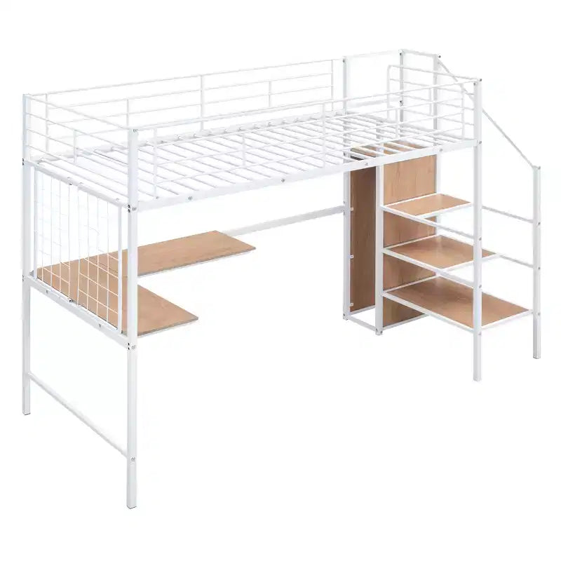 Letto a soppalco in metallo con scrivania e rete metallica, elegante letto con struttura in metallo con scaletta laterale portaoggetti e armadio