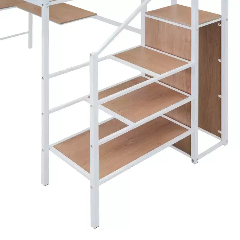 Letto a soppalco in metallo con scrivania e rete metallica, elegante letto con struttura in metallo con scaletta laterale portaoggetti e armadio