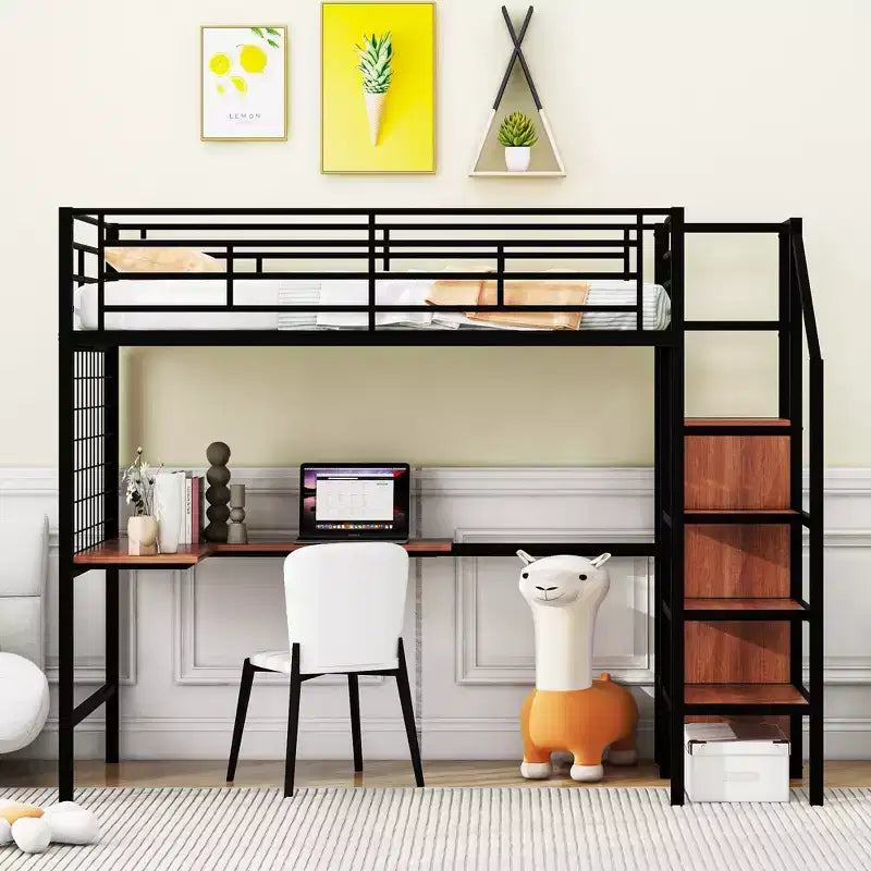 Letto a soppalco in metallo con scrivania e rete metallica, elegante letto con struttura in metallo con scaletta laterale portaoggetti e armadio