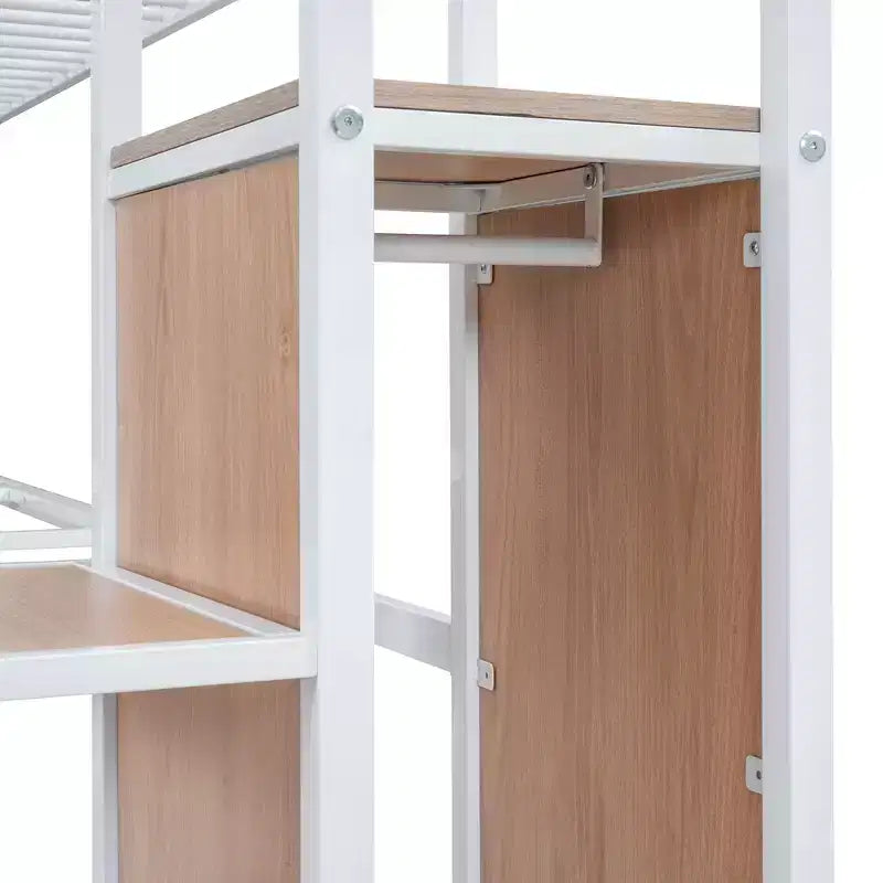 Letto a soppalco in metallo con scrivania e rete metallica, elegante letto con struttura in metallo con scaletta laterale portaoggetti e armadio