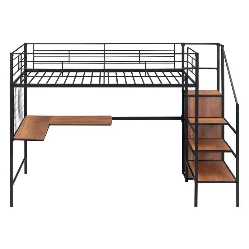 Letto a soppalco in metallo con scrivania e rete metallica, elegante letto con struttura in metallo con scaletta laterale portaoggetti e armadio