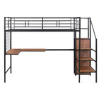 Letto a soppalco in metallo con scrivania e rete metallica, elegante letto con struttura in metallo con scaletta laterale portaoggetti e armadio