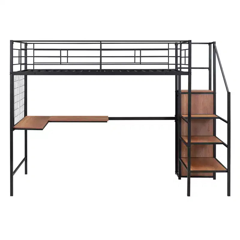 Letto a soppalco in metallo con scrivania e rete metallica, elegante letto con struttura in metallo con scaletta laterale portaoggetti e armadio