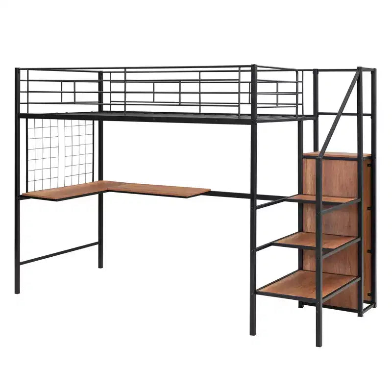 Letto a soppalco in metallo con scrivania e rete metallica, elegante letto con struttura in metallo con scaletta laterale portaoggetti e armadio