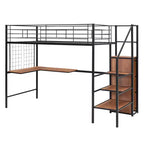 Letto a soppalco in metallo con scrivania e rete metallica, elegante letto con struttura in metallo con scaletta laterale portaoggetti e armadio