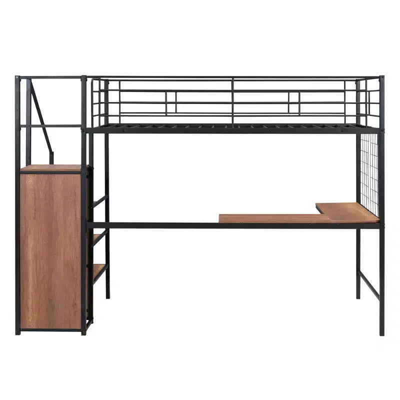 Letto a soppalco in metallo con scrivania e rete metallica, elegante letto con struttura in metallo con scaletta laterale portaoggetti e armadio
