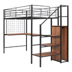 Letto a soppalco in metallo con scrivania e rete metallica, elegante letto con struttura in metallo con scaletta laterale portaoggetti e armadio