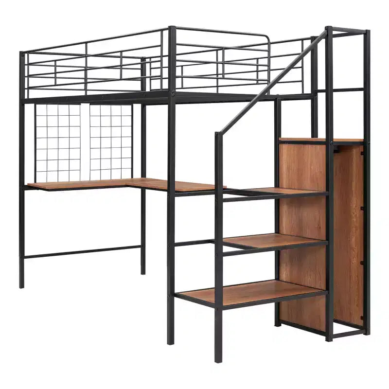 Letto a soppalco in metallo con scrivania e rete metallica, elegante letto con struttura in metallo con scaletta laterale portaoggetti e armadio