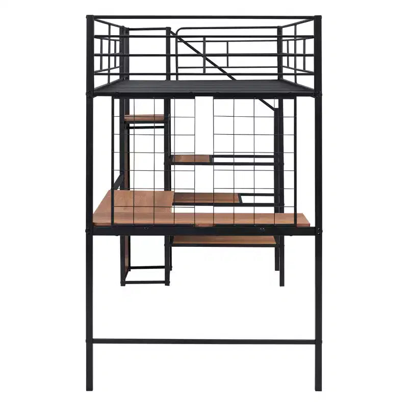 Letto a soppalco in metallo con scrivania e rete metallica, elegante letto con struttura in metallo con scaletta laterale portaoggetti e armadio