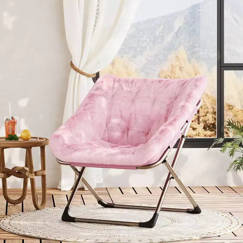 COZONY Sedia a Uovo Pieghevole in Pelliccia di Coniglio, Poltrona Relax Pieghevole con Struttura in Metallo, Capacità di 136 kg per Camera da Letto, Dormitorio, Soggiorno