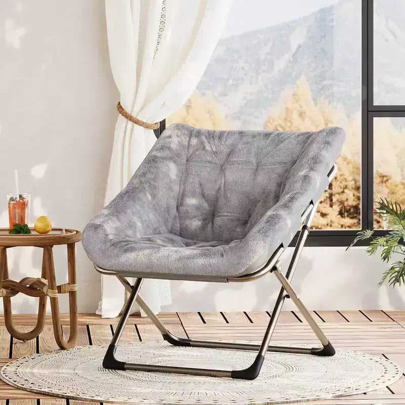COZONY Sedia a Uovo Pieghevole in Pelliccia di Coniglio, Poltrona Relax Pieghevole con Struttura in Metallo, Capacità di 136 kg per Camera da Letto, Dormitorio, Soggiorno