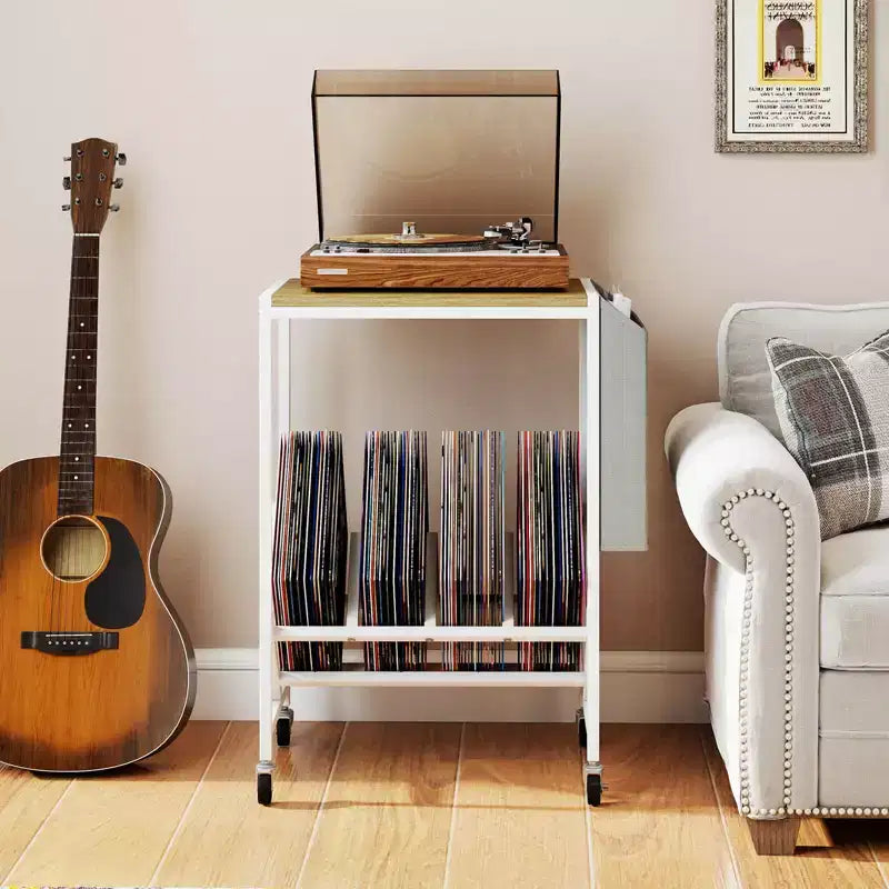 Mobile per Giradischi Costway con Porta Dischi in Vinile e Tasca Laterale, Ruote Girevoli Marrone/Naturale