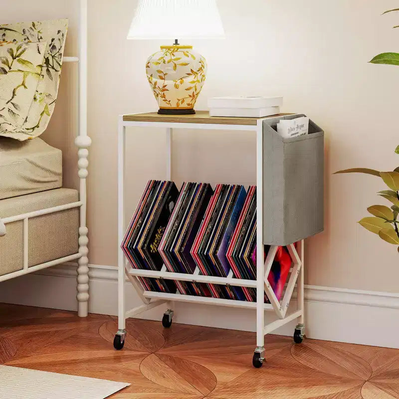 Mobile per Giradischi Costway con Porta Dischi in Vinile e Tasca Laterale, Ruote Girevoli Marrone/Naturale