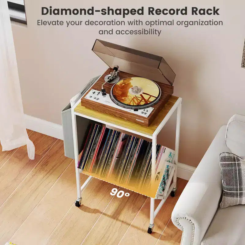 Mobile per Giradischi Costway con Porta Dischi in Vinile e Tasca Laterale, Ruote Girevoli Marrone/Naturale