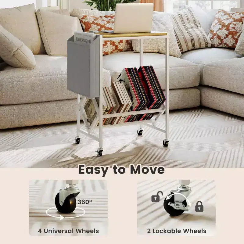 Mobile per Giradischi Costway con Porta Dischi in Vinile e Tasca Laterale, Ruote Girevoli Marrone/Naturale