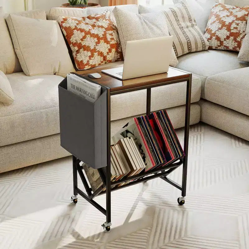 Mobile per Giradischi Costway con Porta Dischi in Vinile e Tasca Laterale, Ruote Girevoli Marrone/Naturale