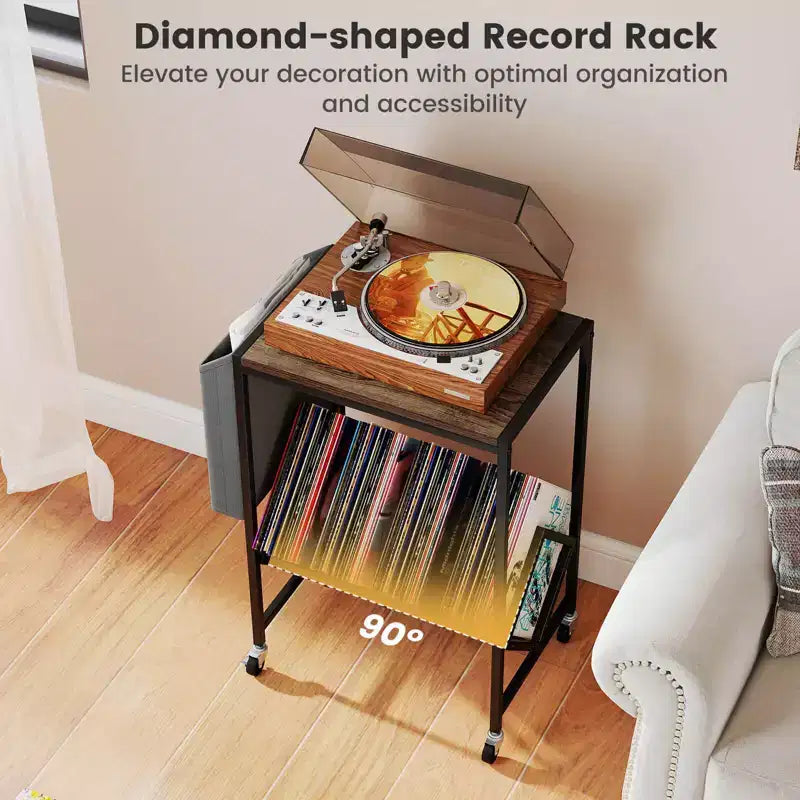 Mobile per Giradischi Costway con Porta Dischi in Vinile e Tasca Laterale, Ruote Girevoli Marrone/Naturale