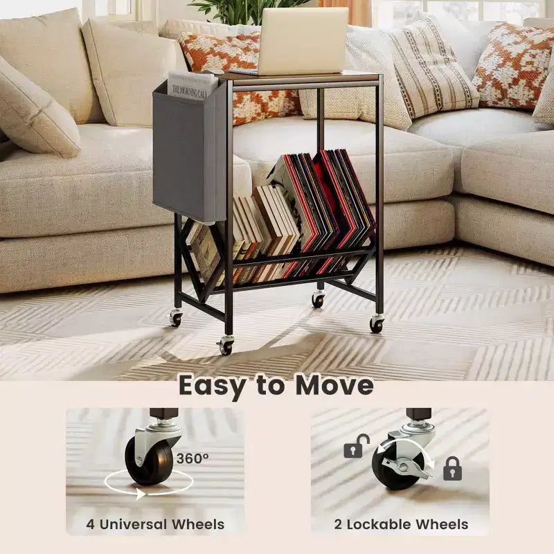 Mobile per Giradischi Costway con Porta Dischi in Vinile e Tasca Laterale, Ruote Girevoli Marrone/Naturale