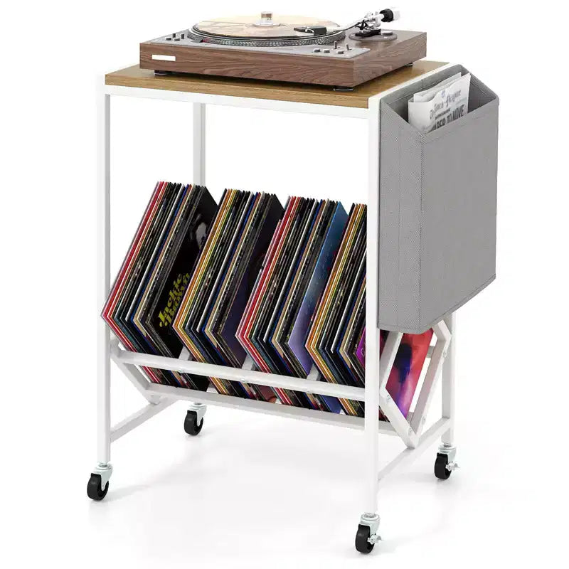 Mobile per Giradischi Costway con Porta Dischi in Vinile e Tasca Laterale, Ruote Girevoli Marrone/Naturale