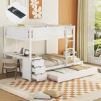 Letto a castello Full over Full con letto estraibile e scrivania, struttura a castello in legno massiccio con cassetti portaoggetti e mensole per camera da letto di bambini e adulti