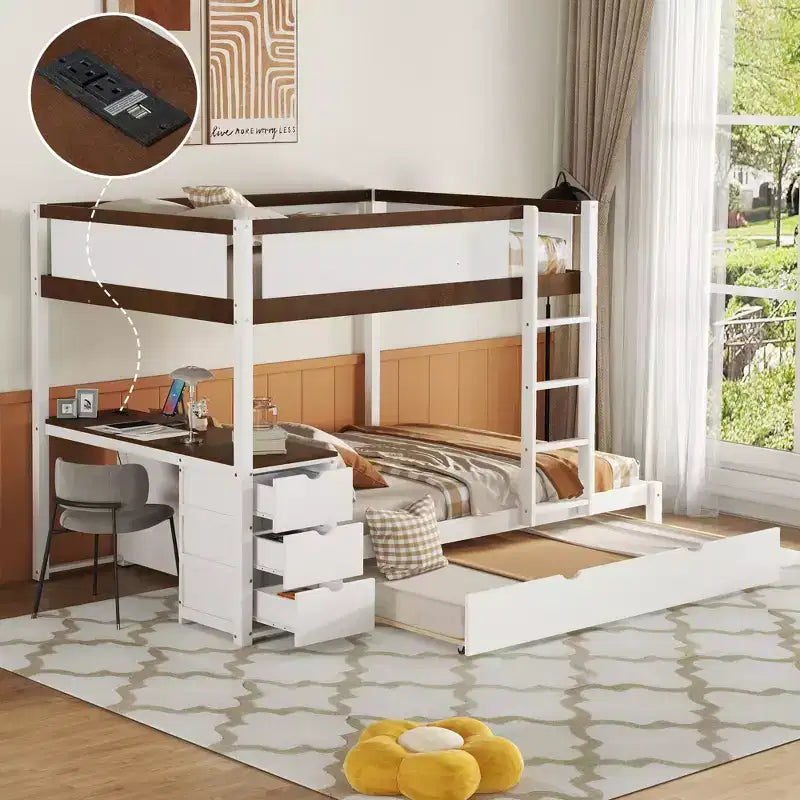Letto a castello Full over Full con letto estraibile e scrivania, struttura a castello in legno massiccio con cassetti portaoggetti e mensole per camera da letto di bambini e adulti