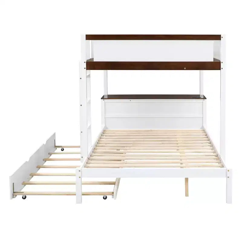 Letto a castello Full over Full con letto estraibile e scrivania, struttura a castello in legno massiccio con cassetti portaoggetti e mensole per camera da letto di bambini e adulti