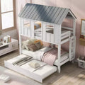 House Bunk Bed with Trundle, Wooden Twin over Twin Bunk Bed with Trundle, Roof and Windows, Playhouse Bed for Kids, White+gray