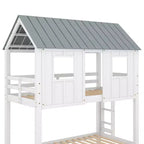 Letto a castello a casetta con letto estraibile, letto a castello in legno da una piazza e mezza su una piazza e mezza con letto estraibile, tetto e finestre, letto-casetta per bambini, Bianco+grigio