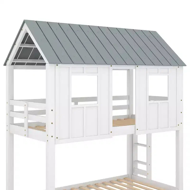 Letto a castello a casetta con letto estraibile, letto a castello in legno da una piazza e mezza su una piazza e mezza con letto estraibile, tetto e finestre, letto-casetta per bambini, Bianco+grigio