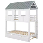 Letto a castello a casetta con letto estraibile, letto a castello in legno da una piazza e mezza su una piazza e mezza con letto estraibile, tetto e finestre, letto-casetta per bambini, Bianco+grigio