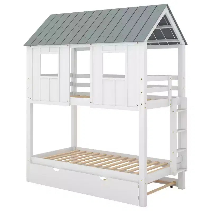 Letto a castello a casetta con letto estraibile, letto a castello in legno da una piazza e mezza su una piazza e mezza con letto estraibile, tetto e finestre, letto-casetta per bambini, Bianco+grigio