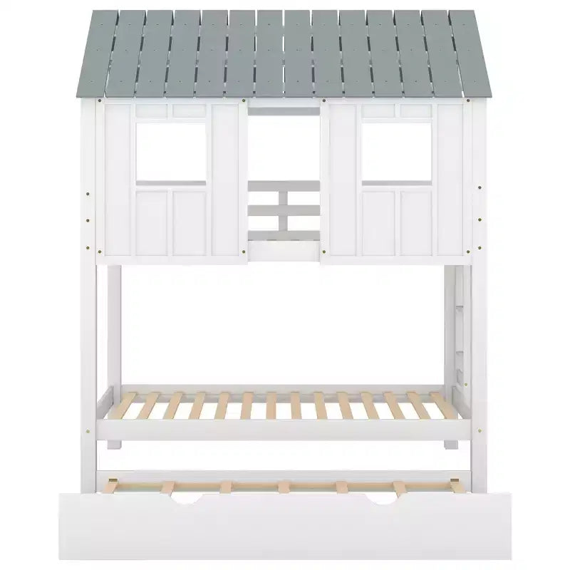 Letto a castello a casetta con letto estraibile, letto a castello in legno da una piazza e mezza su una piazza e mezza con letto estraibile, tetto e finestre, letto-casetta per bambini, Bianco+grigio