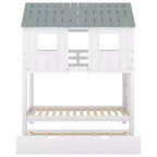 Letto a castello a casetta con letto estraibile, letto a castello in legno da una piazza e mezza su una piazza e mezza con letto estraibile, tetto e finestre, letto-casetta per bambini, Bianco+grigio