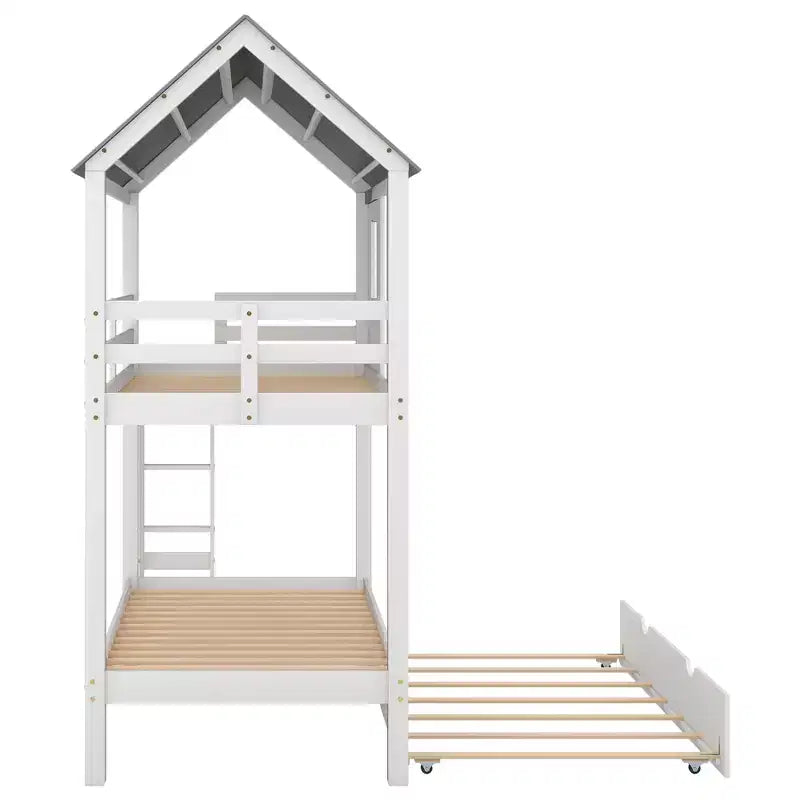 Letto a castello a casetta con letto estraibile, letto a castello in legno da una piazza e mezza su una piazza e mezza con letto estraibile, tetto e finestre, letto-casetta per bambini, Bianco+grigio