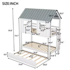Letto a castello a casetta con letto estraibile, letto a castello in legno da una piazza e mezza su una piazza e mezza con letto estraibile, tetto e finestre, letto-casetta per bambini, Bianco+grigio