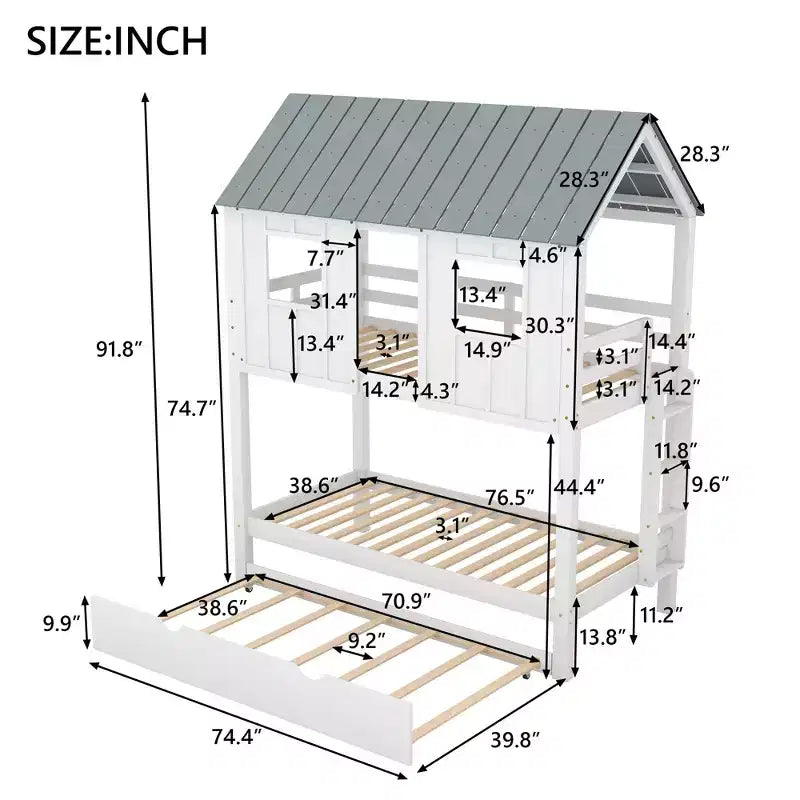 Letto a castello a casetta con letto estraibile, letto a castello in legno da una piazza e mezza su una piazza e mezza con letto estraibile, tetto e finestre, letto-casetta per bambini, Bianco+grigio