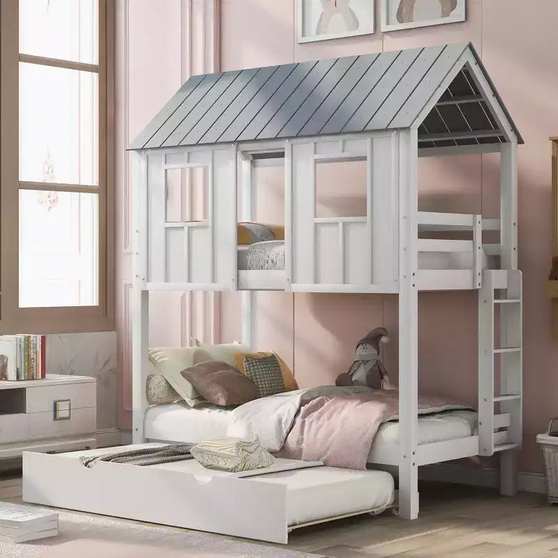 Letto a castello a casetta con letto estraibile, letto a castello in legno da una piazza e mezza su una piazza e mezza con letto estraibile, tetto e finestre, letto-casetta per bambini, Bianco+grigio