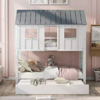 Letto a castello a casetta con letto estraibile, letto a castello in legno da una piazza e mezza su una piazza e mezza con letto estraibile, tetto e finestre, letto-casetta per bambini, Bianco+grigio