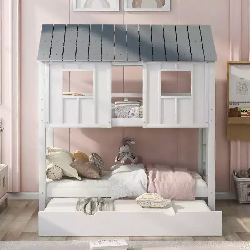 Letto a castello a casetta con letto estraibile, letto a castello in legno da una piazza e mezza su una piazza e mezza con letto estraibile, tetto e finestre, letto-casetta per bambini, Bianco+grigio