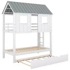 Letto a castello a casetta con letto estraibile, letto a castello in legno da una piazza e mezza su una piazza e mezza con letto estraibile, tetto e finestre, letto-casetta per bambini, Bianco+grigio