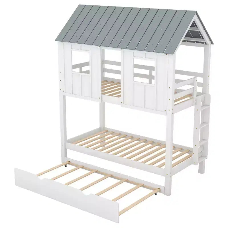 Letto a castello a casetta con letto estraibile, letto a castello in legno da una piazza e mezza su una piazza e mezza con letto estraibile, tetto e finestre, letto-casetta per bambini, Bianco+grigio
