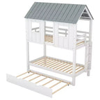 Letto a castello a casetta con letto estraibile, letto a castello in legno da una piazza e mezza su una piazza e mezza con letto estraibile, tetto e finestre, letto-casetta per bambini, Bianco+grigio