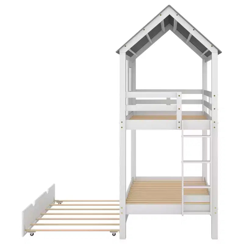 Letto a castello a casetta con letto estraibile, letto a castello in legno da una piazza e mezza su una piazza e mezza con letto estraibile, tetto e finestre, letto-casetta per bambini, Bianco+grigio