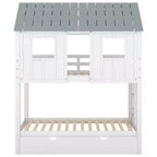 Letto a castello a casetta con letto estraibile, letto a castello in legno da una piazza e mezza su una piazza e mezza con letto estraibile, tetto e finestre, letto-casetta per bambini, Bianco+grigio